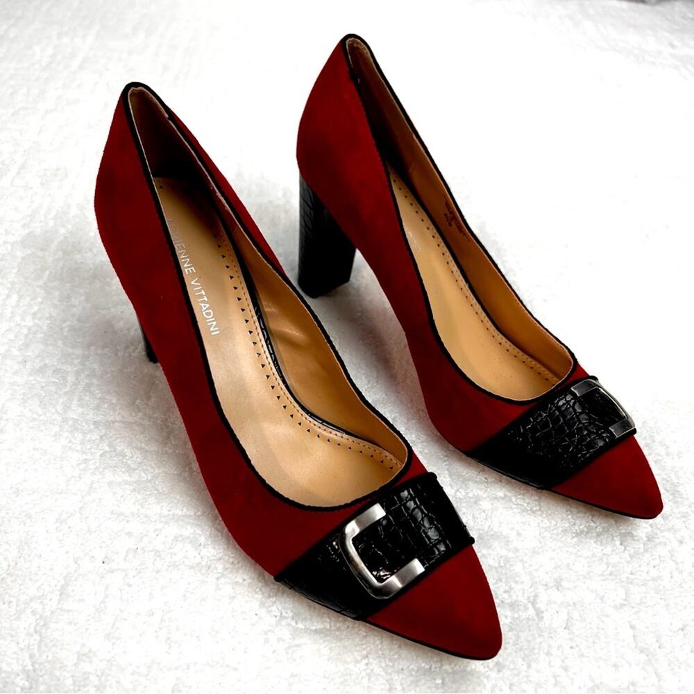Adrienne Vittadini Nanna burgundy faux suede pumps with snakeskin heel size 9.5m